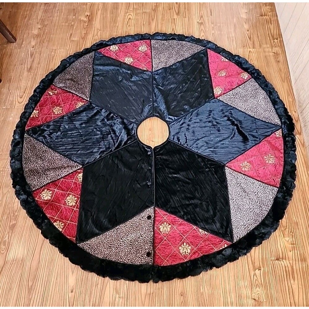 60"  VILLA BACCI Christmas Tree Skirt-Black Velvet Star, Fur Trim, Leopard Regal